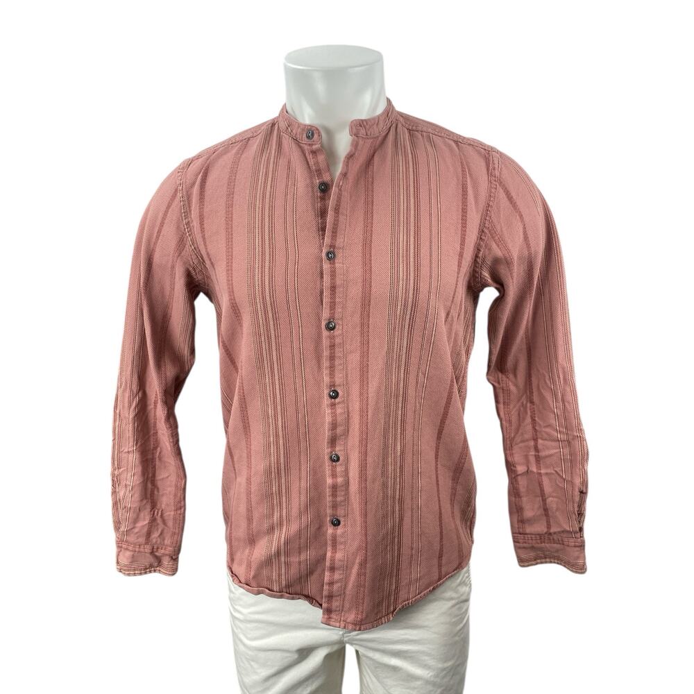 E.T.A Men's Pink Striped Collarless Long Sleeve Button Down Shirt Top Size M